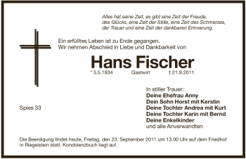 Traueranzeige von Hans Fischer von Pegnitz-Zeitung